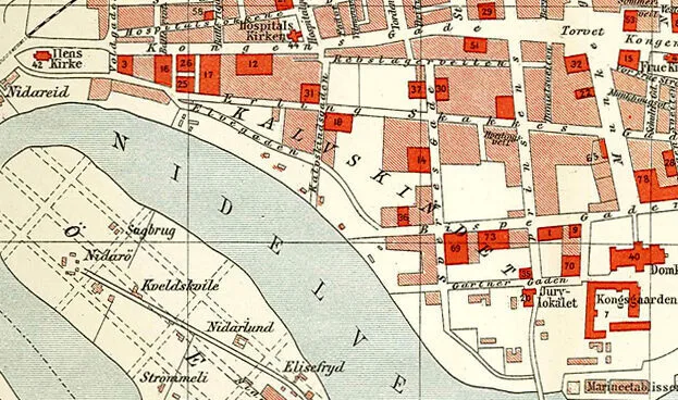 Kart over Kalvskinnet i Trondheim fra 1898, med kvartaler og gateløp